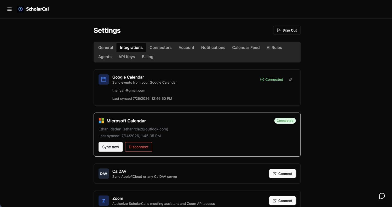 ScholarCal settings showing Google and Microsoft Calendar connected