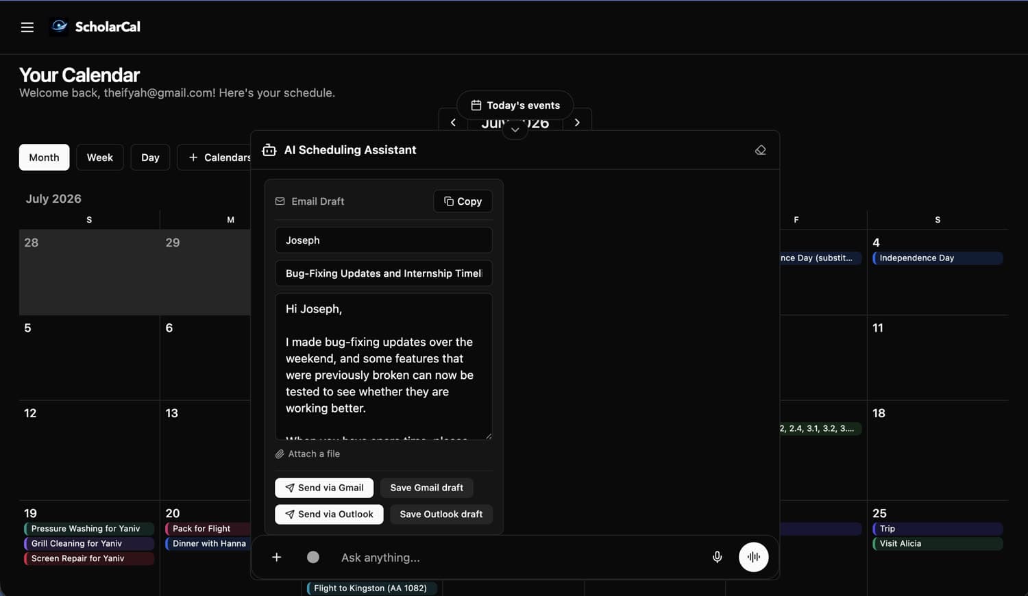 An assistant-drafted email with Send via Gmail and Send via Outlook options