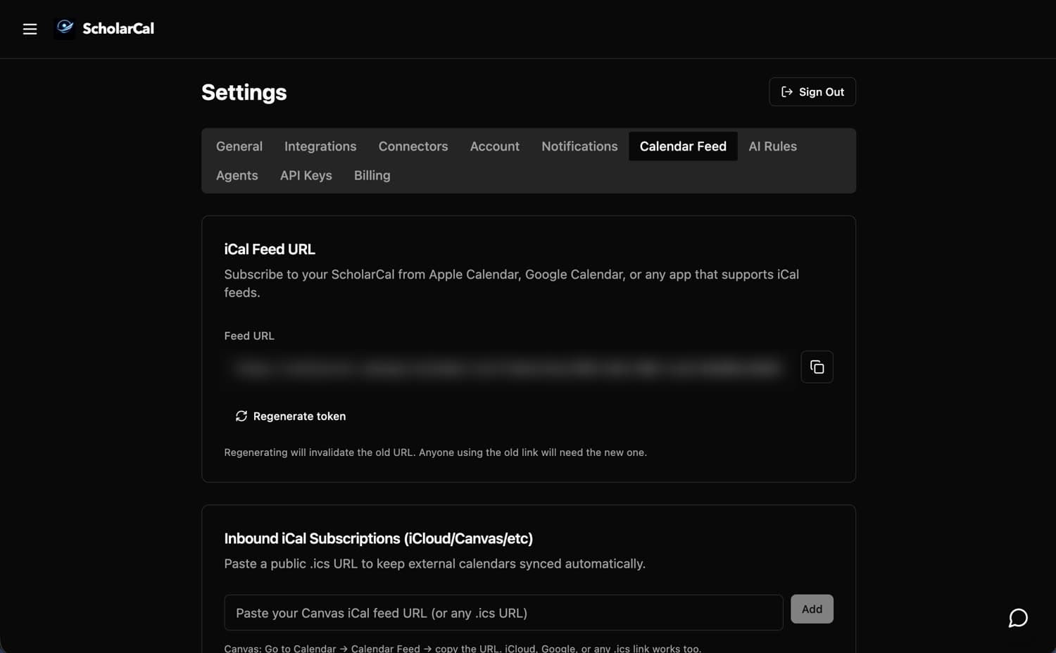 ScholarCal Calendar Feed settings showing a subscribed Canvas feed