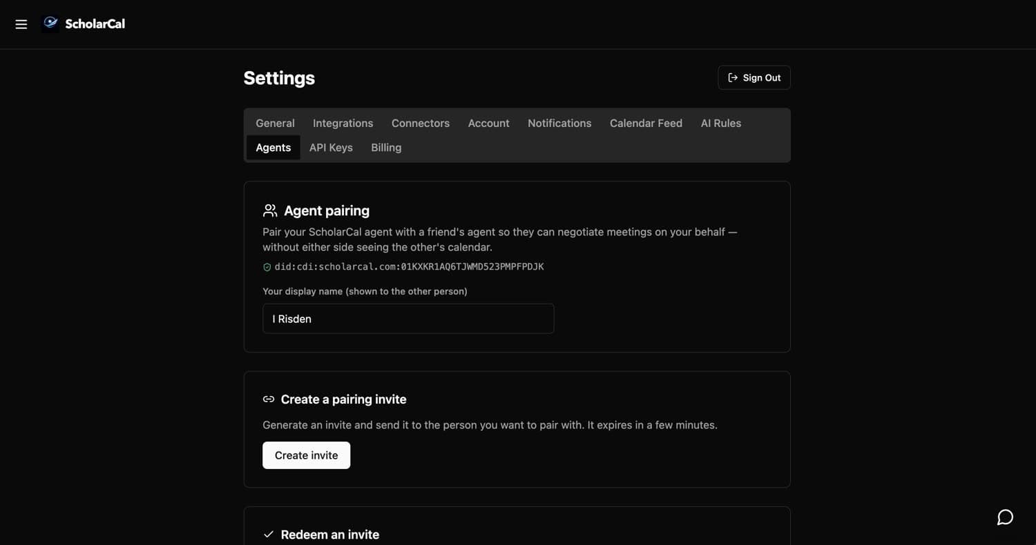 ScholarCal agent pairing screen with a decentralized identifier and invite creation